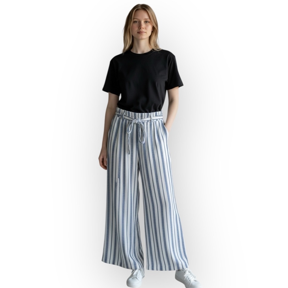 High Waisted Linen Blue Striped Wide Leg Relaxed Crop Palazzo Pants M